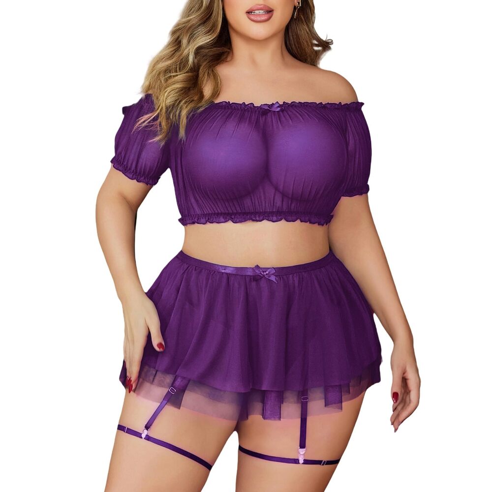4634 Plus Size Lingerie Sets Mesh Top and Lace Skirt Set Gater Belt